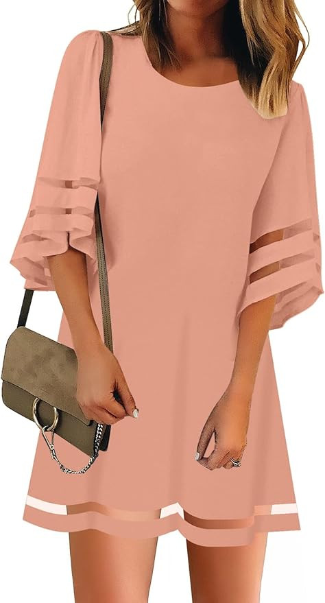 GRAPENT Women's Casual Mesh Panel 3/4 Bell Sleeves Tunic Dress Loose Shift Dress | Amazon (US)