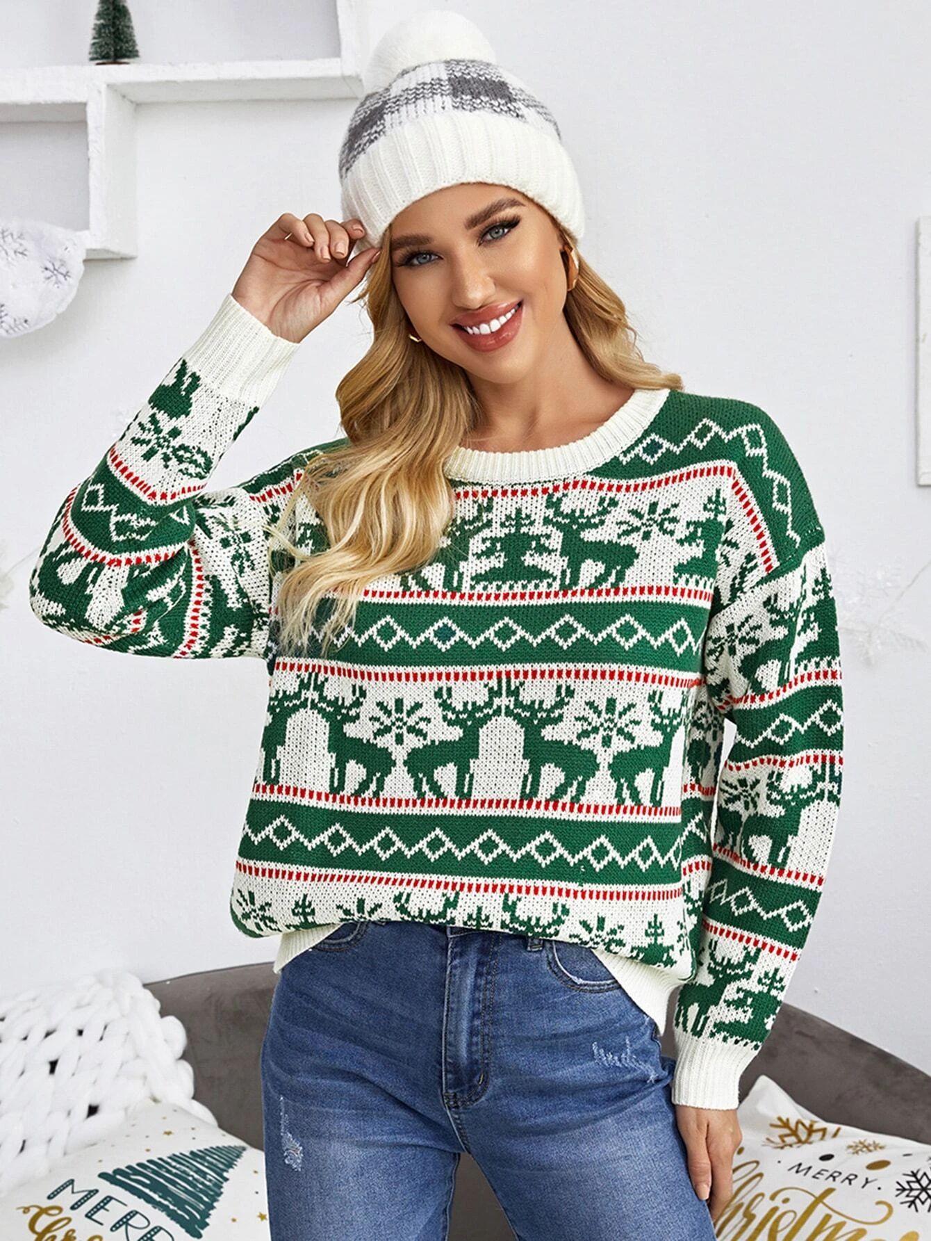 Drop Shoulder Christmas Pattern Sweater | SHEIN