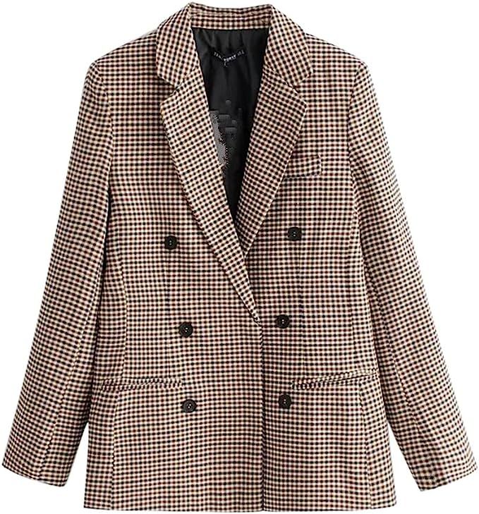 Fashion Women Plaid Blazer Coat Retro Stripe Print Button Shoulder Pads Suit Coats Sunmoot | Amazon (US)