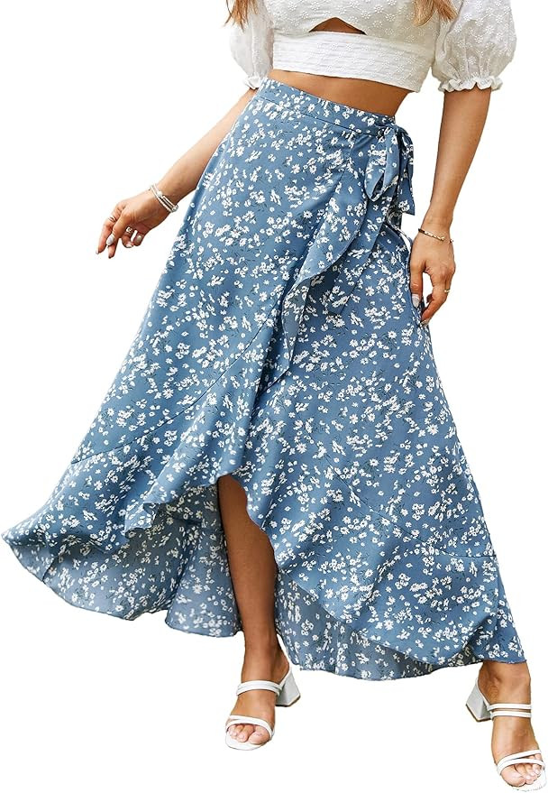 Women's Boho Floral Wrap Maxi Skirt High Waisted Long Skirt with Slit | Amazon (US)