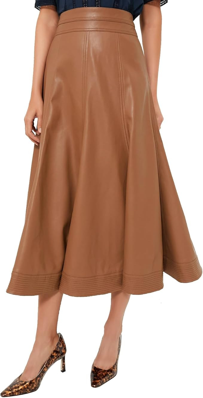 Women's Faux Leather Long Skirt High Waisted Pleated A Line Flare Skater Skirts | Amazon (US)