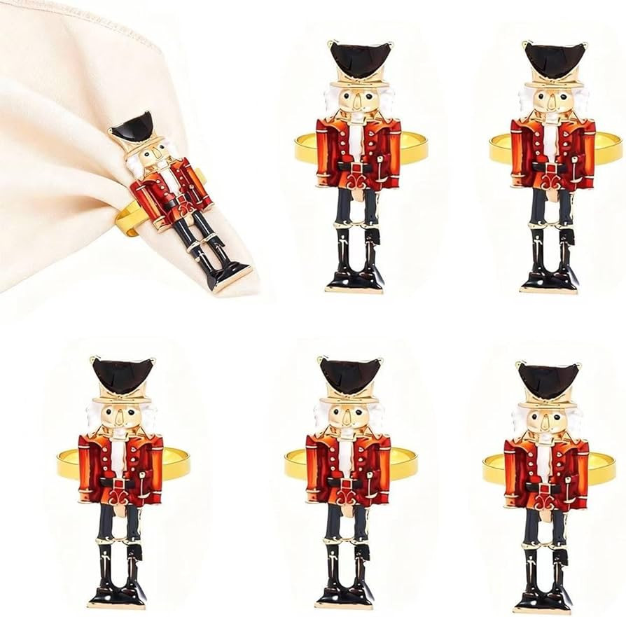 6Pcs Nutcracker Napkin Rings, Metal Christmas Napkin Holder Rings Xmas Solider Napkin Holder Buck... | Amazon (US)