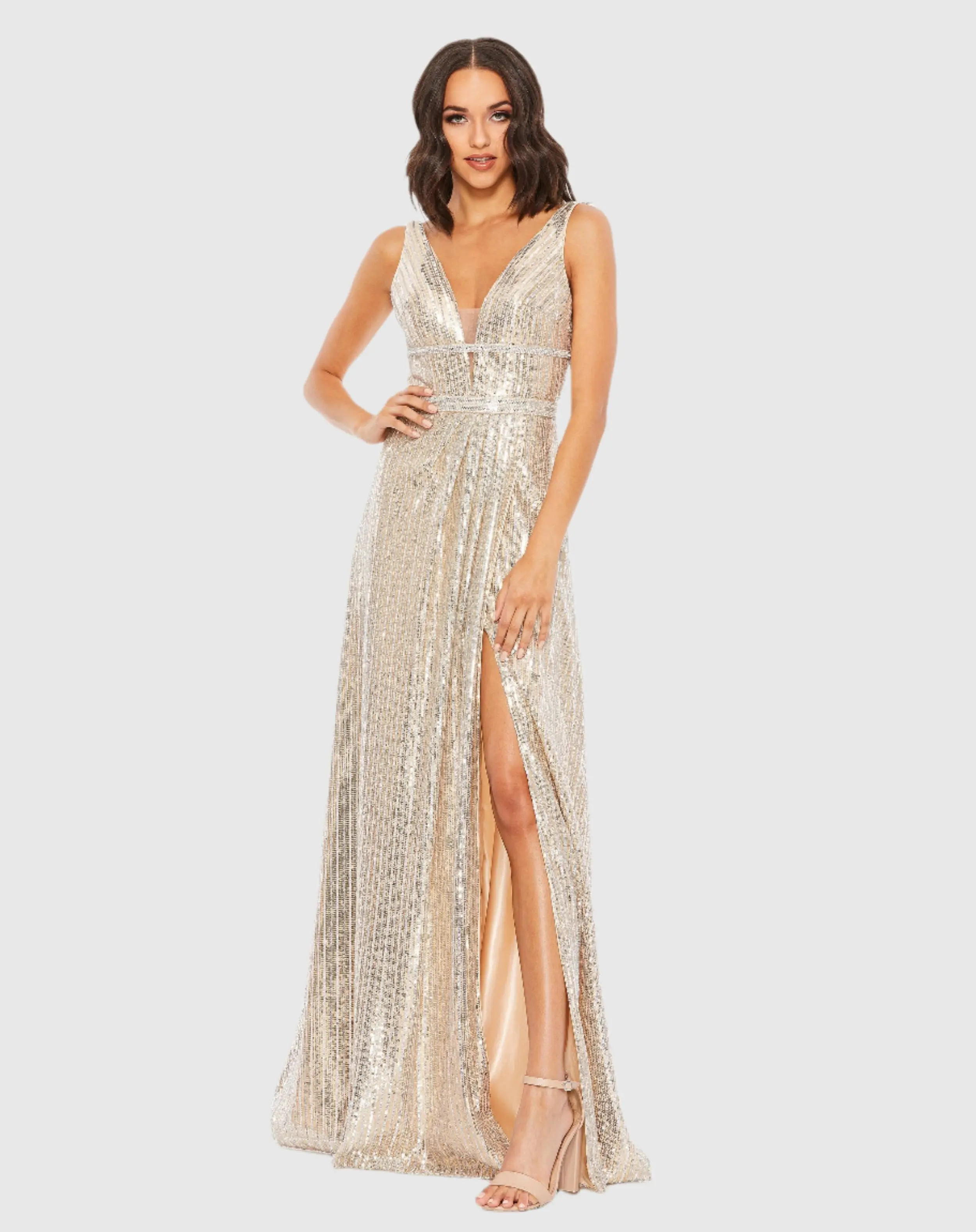 Silver Metallic Plunge Neck Sequined Gown | Mac Duggal | Mac Duggal
