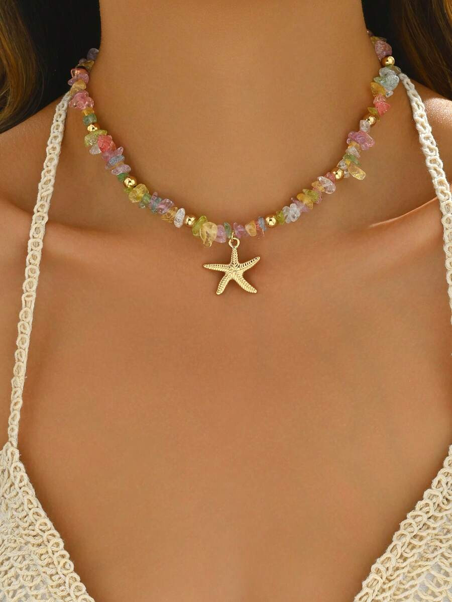 1pc Colorful Stone Beaded Necklace With Fashionable Metal Starfish Pendant, Versatile For Women D... | SHEIN