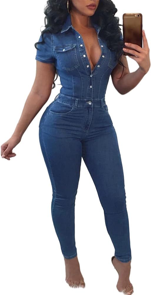 Sexyshine Women's Sexy Button Down Slim Fit Denim Long Jumpsuit Playsuit Lapel Full length Jeans ... | Amazon (US)