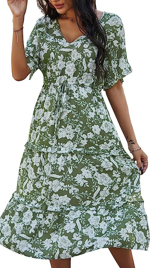 Vaiaye Womens Midi Dresses Bohemian V Neck Short Sleeve Corset Elastic Waist Summer Dress | Amazon (US)