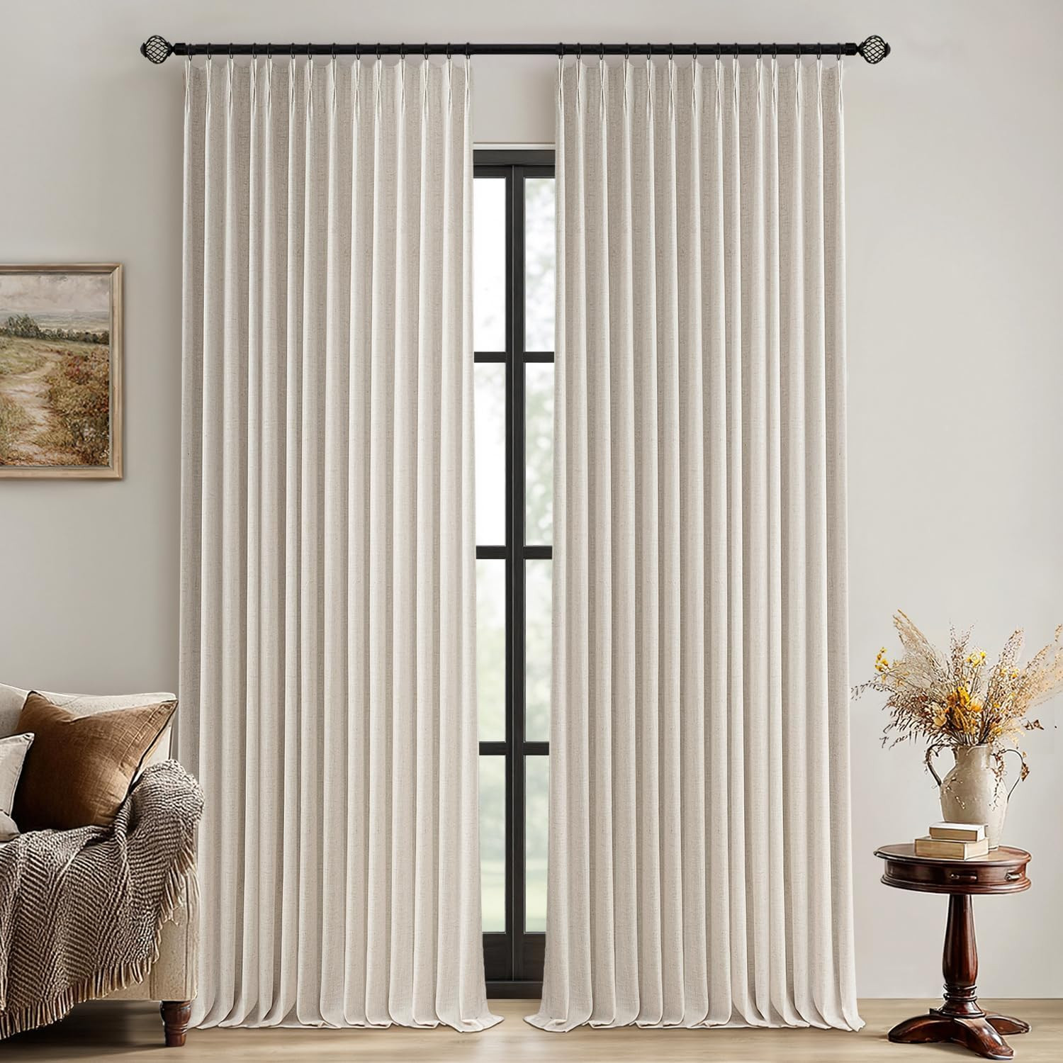 MIULEE Beige Pinch Pleated 100% Blackout Linen Curtains 40x84 Inches | Amazon (US)