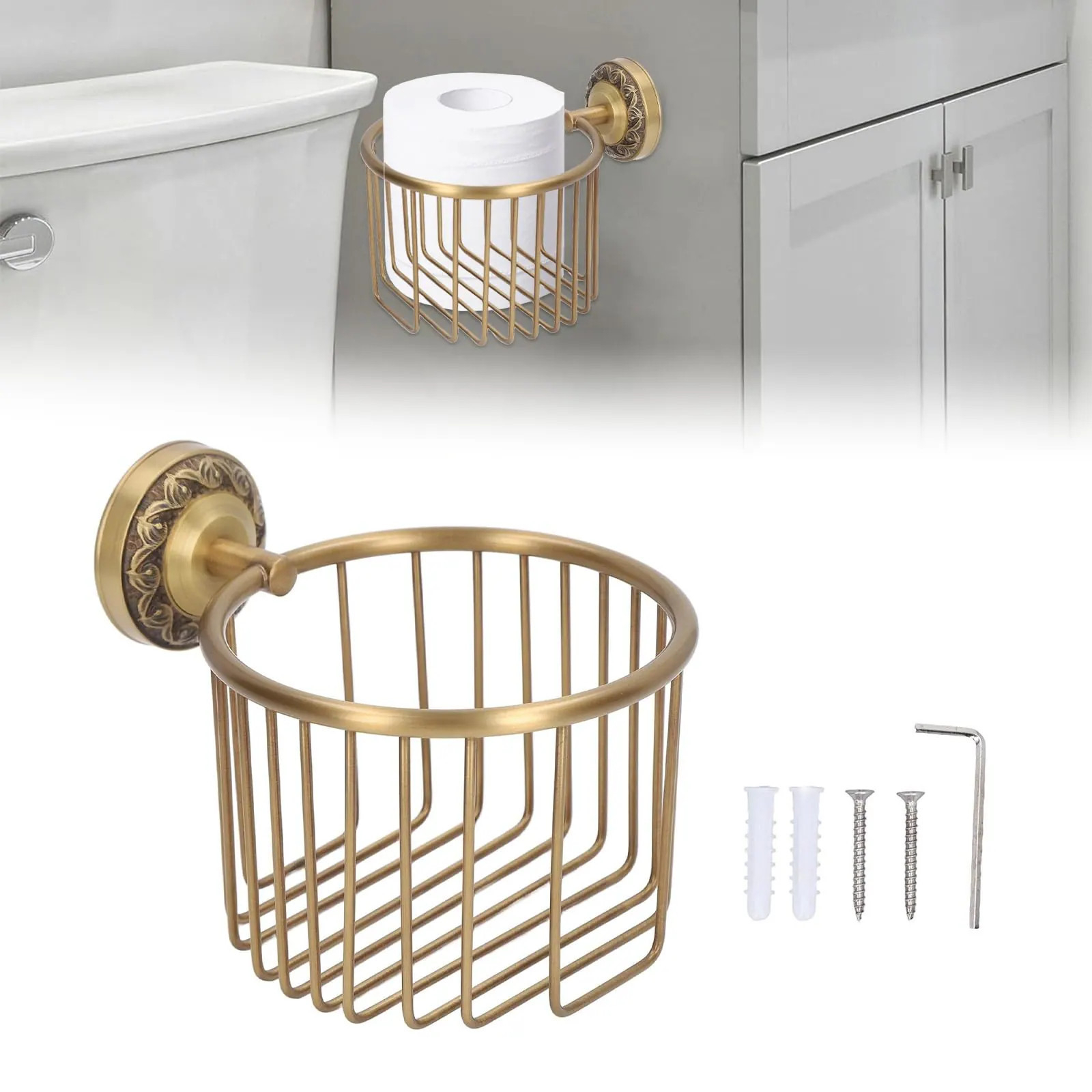 Misopily Brass Antique Toilet Paper Holder Wall Mount Vintage Basket Tissue Roll Dispenser for Bathroom High Load Capacity Easy Install one_size | Lowe's