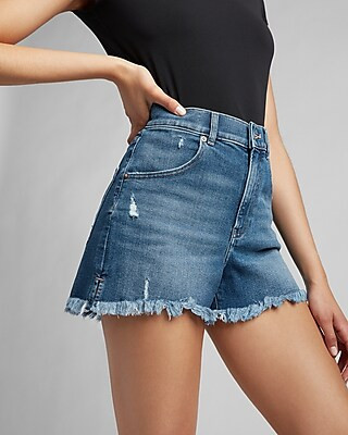 Super High Waisted Frayed Hem Mom Jean Shorts | Express