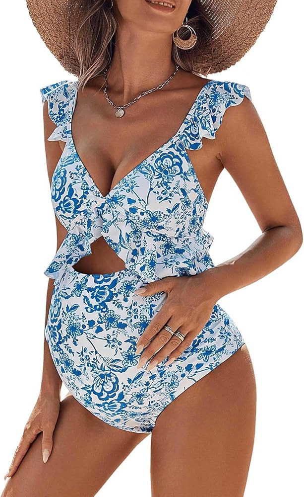 Women's Maternity Solid Hollow Out Ruffle Trim Tie One Piece Swimsuit Y2K Cut Out Bathing Suits S... | Amazon (US)