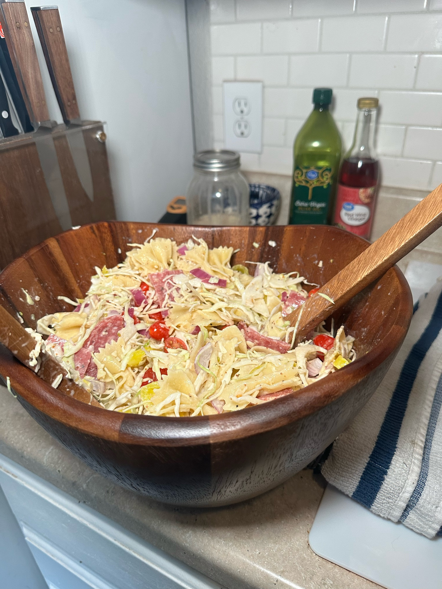 Pasta salad recipe 
8oz bow tie pasta
4 cups of shredded cole slaw
1/2 cup salami
1/2 Harvardi cheese
1 cup cherry tomatoes 
1/2 cup diced red onion
1/2 cup banana peppers

Dressing:
1/2 cup mayo
1/4 cup red wine vinegar 
1 tsp minced garlic
1 tbsp Dijon mustard
Salt and pepper
Crush red pepper
Italian seasoning

Caraway pot
Bowls from target 

#LTKfamily #LTKunder100 #LTKhome