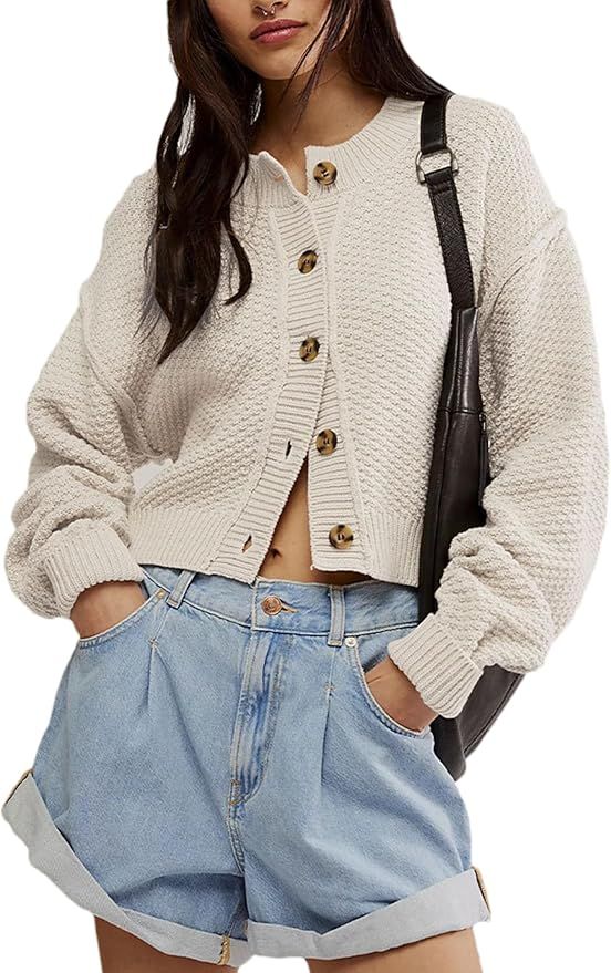 Women's Oversized Cropped Cardigan Sweater Open Front Long Sleeve Button Down Knit Outwear | Amazon (US)