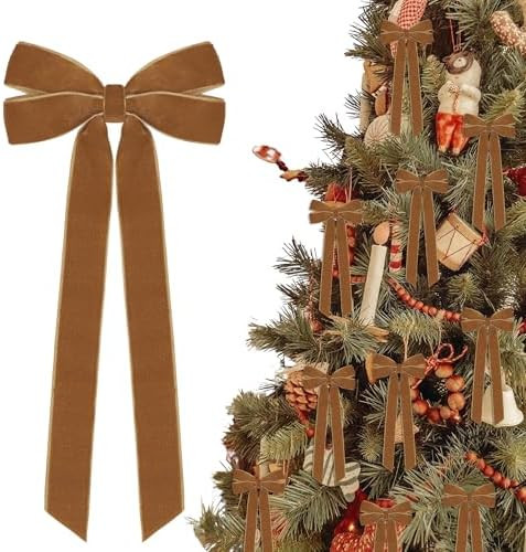 12Pcs Vintage Velvet Ribbon Bows Christmas Tree Decorations,5in x 10in Brown Xmas Ornaments for T... | Amazon (US)