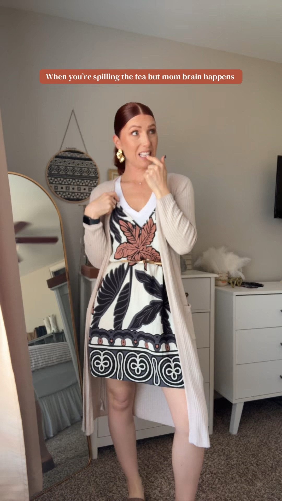 Tropical dress w/ adjustable straps and 4 different patterns: size small and still flowy / roomy!
Gold waist belt: smallest size I’m a 26” waist 
Gold floral earrings: Amazon
Brown platform sandals: Reef tts I wear a 7.5
Duster is super old from Amazon.
White vneck undershirt is @tjmaxx 

#LTKSeasonal #LTKmomlife #LTKootd