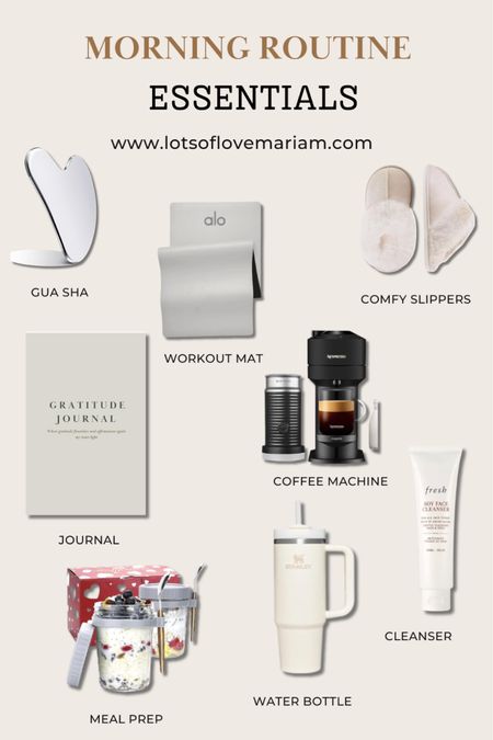 Self care essentials for your morning routine - steel gua sha (the BEST!!), fluffy slippers, alo yoga mat, nespresso coffee machine, gratitude journal, Stanley cup, fresh cleanser (this will leave your skin feeling so soft), meal prep container (meal prep your breakfast!) 

#LTKeurope #LTKhome #LTKSeasonal