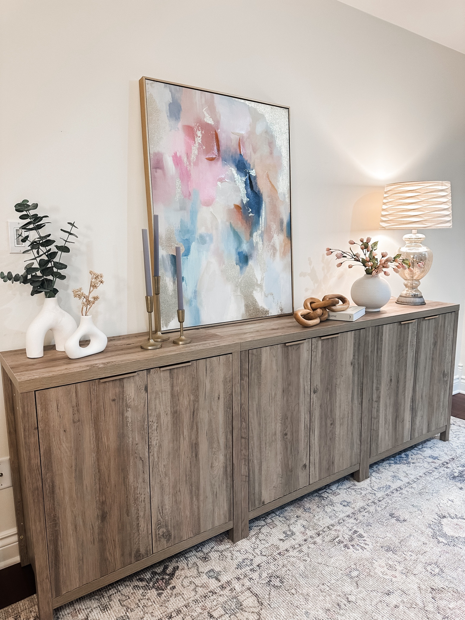 Amazon console table set of 3. Easy to put together, I did it myself! Interior shelf in each. All my decor is also affordable Amazon, Wayfair or Target. An affordable way to transform a boring space!

#LTKHome #LTKStyleTip #LTKFindsUnder50