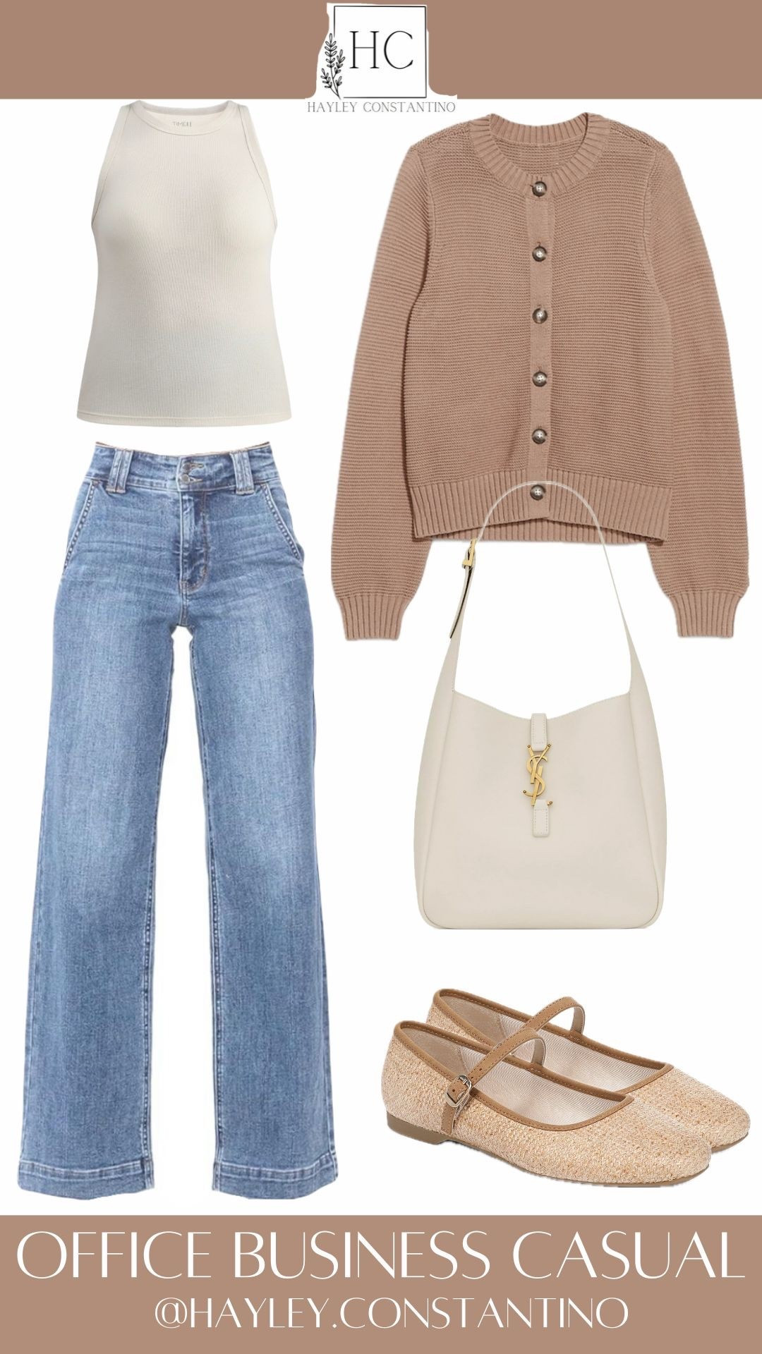 This outfit is giving polished-but-approachable office cool—the kind that says “I’m put together, but I still know where the good coffee is.” ☕✨

A creamy ribbed tank layered under a cozy caramel-toned cardigan creates that soft, neutral-on-neutral magic that always looks expensive. The structured, high-waisted wide-leg jeans keep things modern and flattering, while the woven Mary Jane flats add a sweet, Paris-meets-coffee-break charm. Finished off with a chic ivory shoulder bag? Effortless. Clean. Quietly confident.
💼 When & Where to Wear It
Business casual offices (perfect for days with meetings and errands)
Casual Fridays when you still want to look intentional
Client lunches or coffee catch-ups
Teacher, admin, or creative work environments
Travel days when comfort + polish are non-negotiable
💡 Why It Works
Neutral tones = timeless and easy to rewear
Jeans + cardigan = relaxed yet professional
Flats keep it comfortable for all-day wear without sacrificing style
This is one of those outfits that works for women of all ages—classic silhouettes, modern styling, and zero try-hard energy. Basically, it’s your “I’ve got my life together (most days)” uniform. 😉

#LTKWorkwear #LTKOver40 #LTKootd