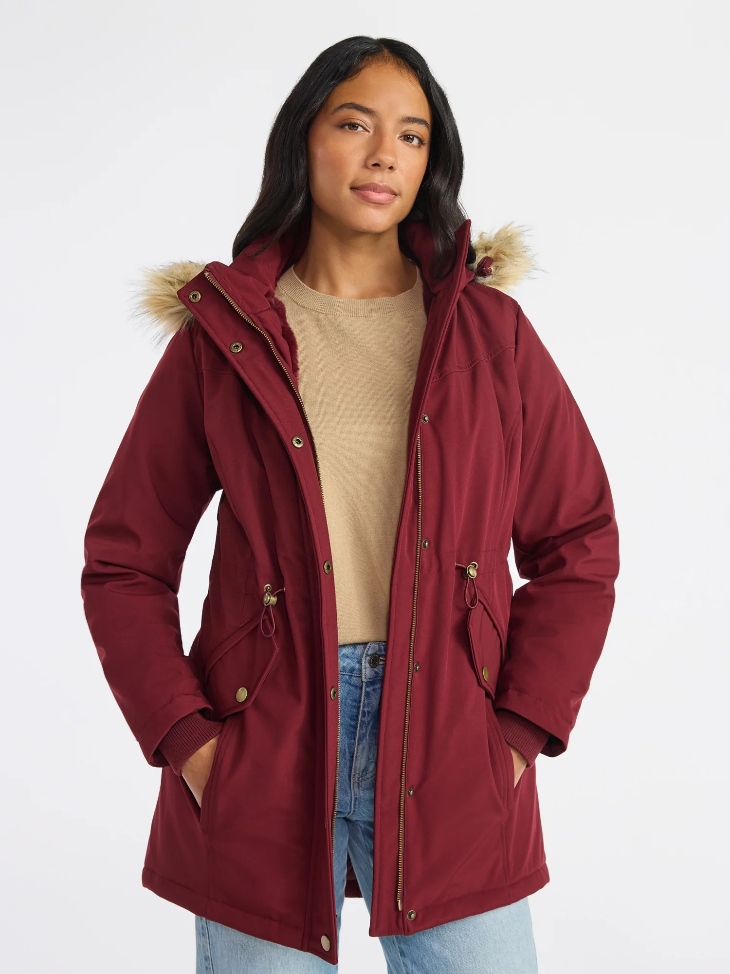 Time and Tru Women's and Women's Plus Hooded Heavyweight Anorak Jacket with Faux Fur Trim, Sizes ... | Walmart (US)