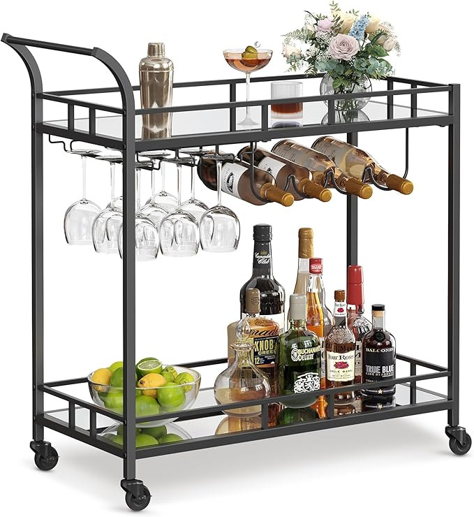 VASAGLE Bar Cart Black, Home Bar Serving Cart, Wine Cart with 2 Mirrored Shelves, Wine Holders, G... | Amazon (US)