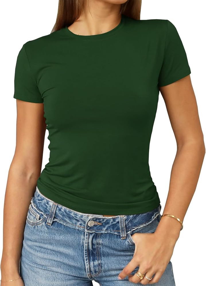 Abardsion Women's Casual Basic Going Out Crop Tops Slim Fit Short Sleeve Crew Neck Tight T Shirts... | Amazon (US)