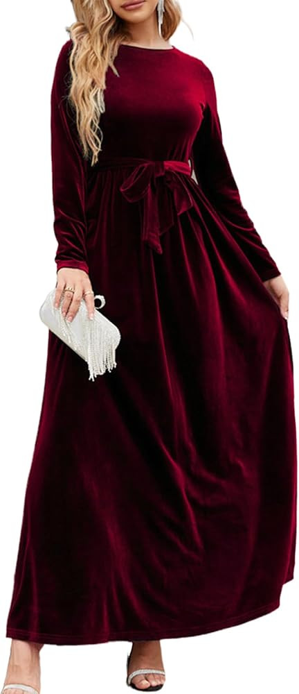 Women's Elegant Velvet Belted Pleated Long Sleeve Cocktail Party Formal Wedding Guest A-Line Maxi... | Amazon (US)