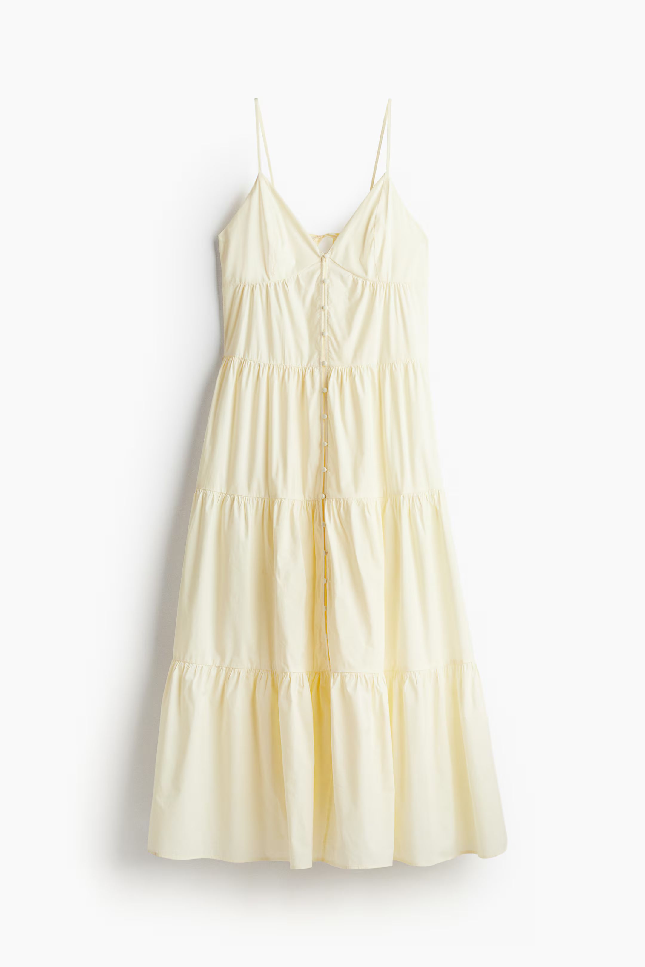Tiered strappy dress - V-neck - Sleeveless - Pale yellow - Ladies | H&M GB | H&M (UK, MY, IN, SG, PH, TW, HK)