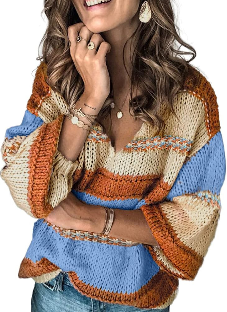 EVALESS Womens Sweaters Long Sleeve V Neck Striped Color Block Pullover Casual Loose Knitted Tops | Amazon (US)