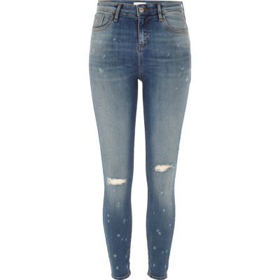Blue bleach ripped Amelie super skinny jeans | River Island (UK & IE)