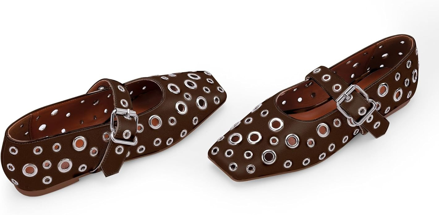 Women's Ballet Flats Studded Metal Eyelet Buckle Perforated Mary Jane Shoes | Amazon (US)