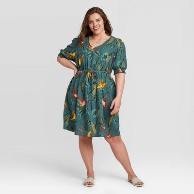 Women's Plus Size Floral Print Elbow Sleeve Linen Dress - Ava & Viv™ | Target