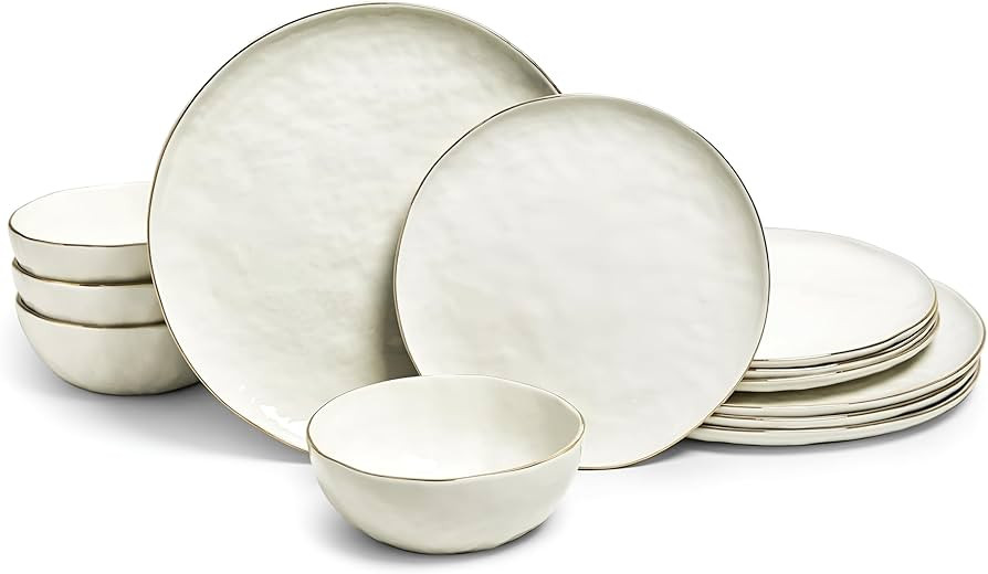 Sango 12-Piece Lightweight Stoneware Dinnerware Set for 4, Glossy Vanilla White Plates and Bowls Sets, Gold Rims, Farmhouse Ceramic Dish Set, Rustic Dishes, Microwave and Dishwasher Safe, Gansevoort | Amazon (US)