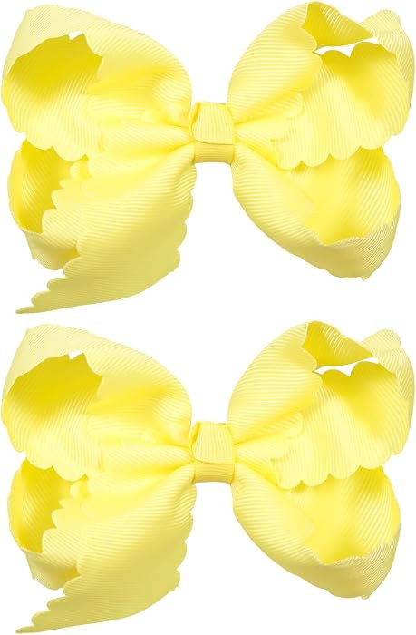 4in Lemon Yellow Hair Bow Clips for Girls, Grosgrain Ribbon Scalloped Edge Bow Alligator Hairpins... | Amazon (US)