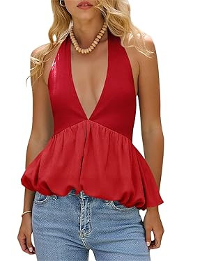 Tankaneo Womens Deep V Neck Halter Tank Tops Summer Trendy Casual Bubble Hem Tie Back Sleeveless ... | Amazon (US)