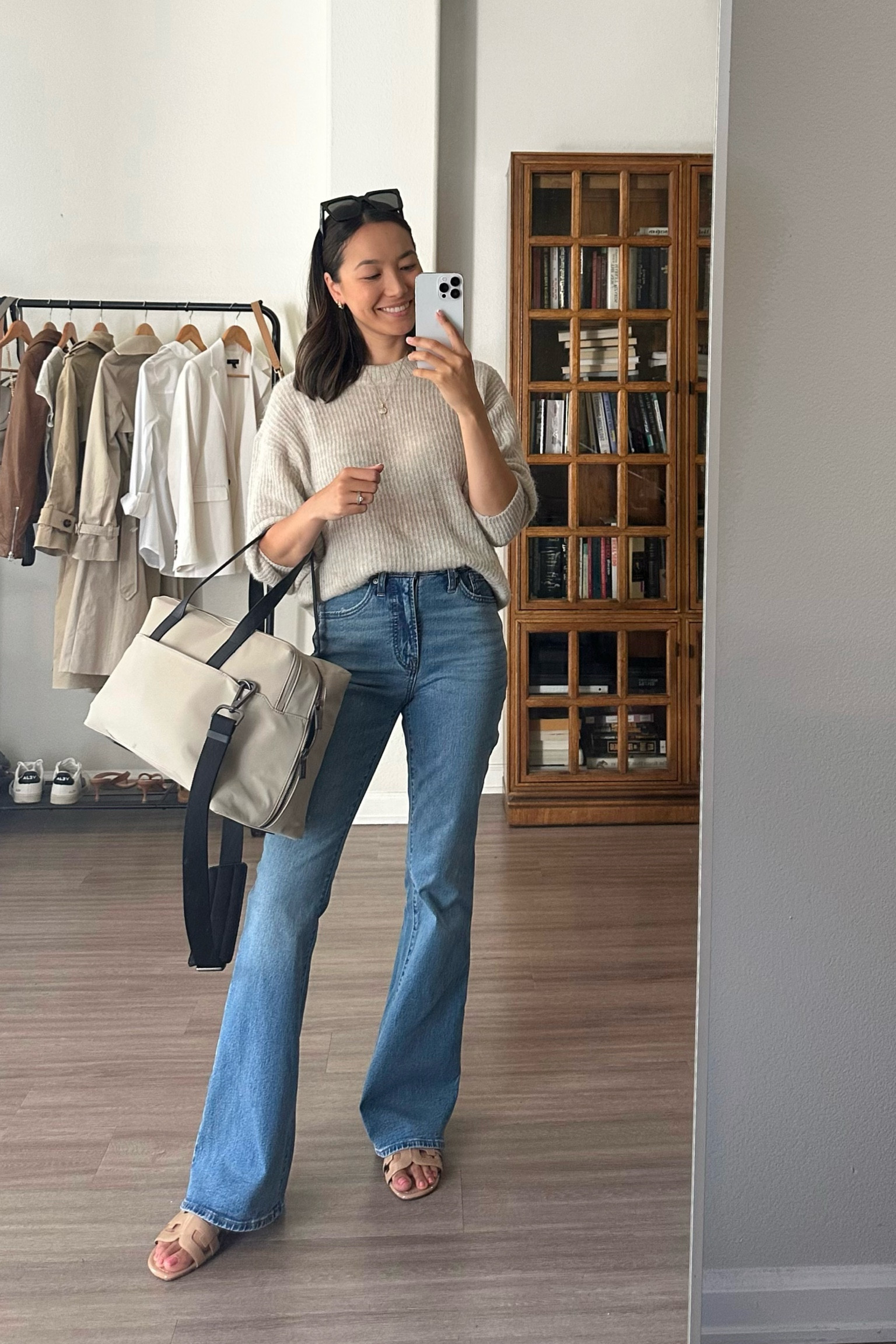 Sweater xs Everlane
Flare jeans 23 standard, Madewell falls a little long on my 5’4” frame with flats 
Weekender bag 

#LTKsalealert #LTKstyletip #LTKtravel