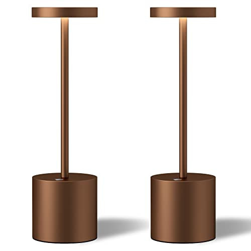 TBBGA 2 Pack Cordless Table Lamps, 5000mAh Rechargeable Battery Powered Lamp, Portable 3 Color Stepless Dimming Desk Lamp, Metal LED Table Light for Outdoor/Patio/Restaurant/Bedroom/Home. (Brown) | Amazon (US)