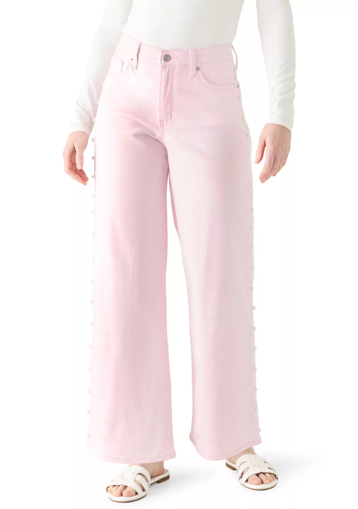 Crown & Ivy™Women's Pearl Trim Cropped Wide Leg Jeans | Belk