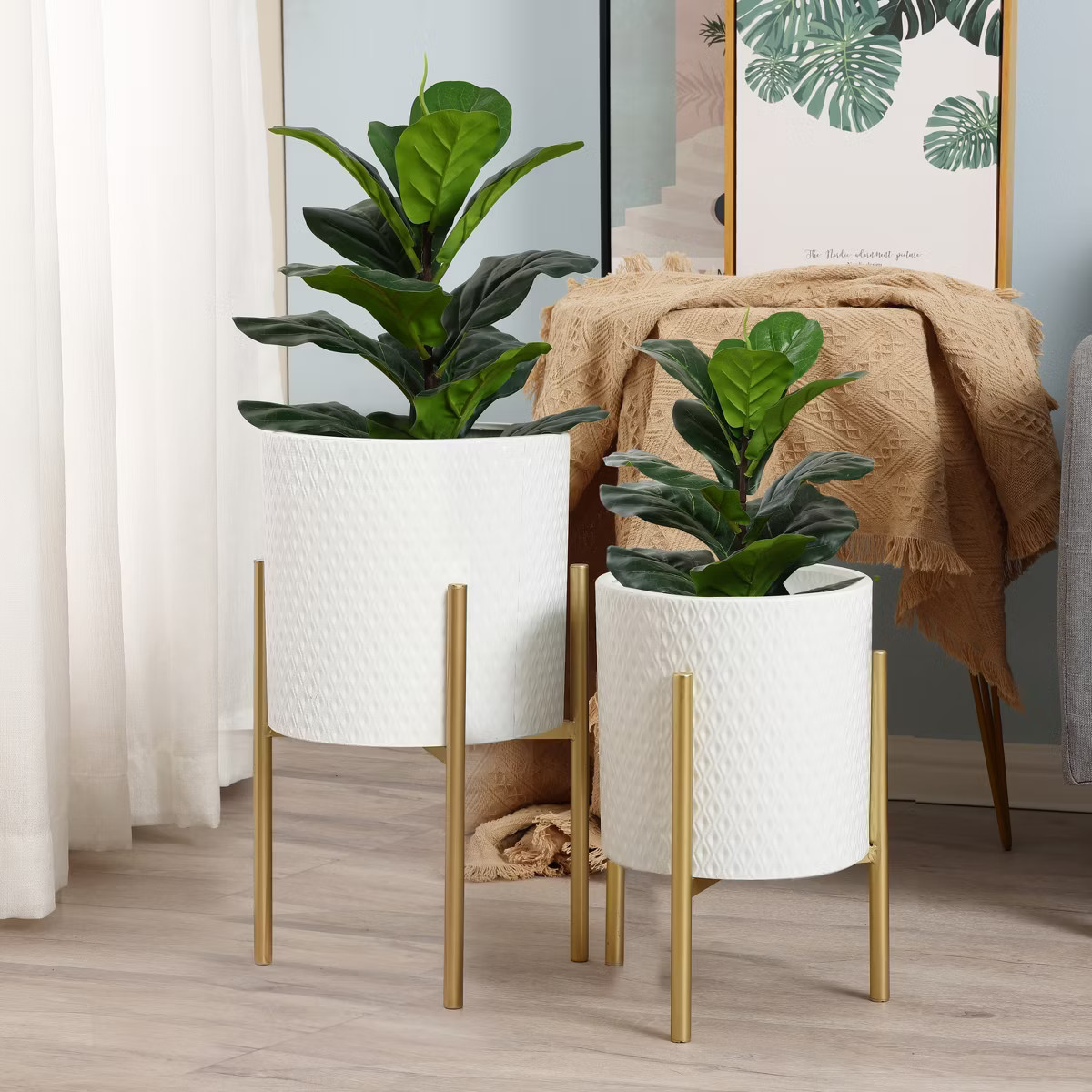 LuxenHome White Metal Cachepot Planters Set with Gold Stands | Target