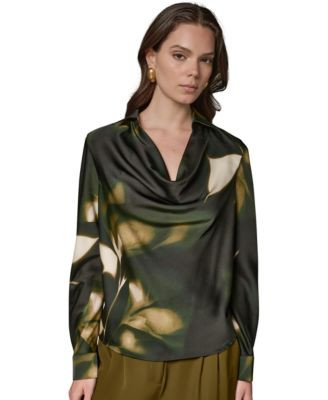 Donna Karan New York Women's Printed Satin Long-Sleeve Top - Olive Brine Multi | Macy's