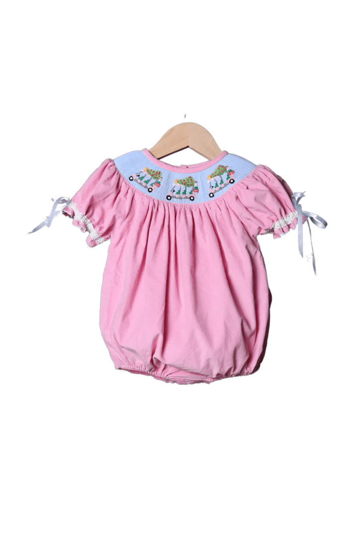 Smocked Christmas Golf Cart Pink Corduroy Bubble | The Smocked Flamingo