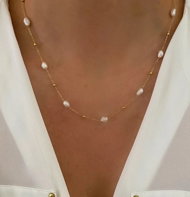 Pearl Necklace, Satellite Pearl Chain Necklace, Gold Necklace, Layering Necklace, Jewelry Gift fo... | Etsy (US)