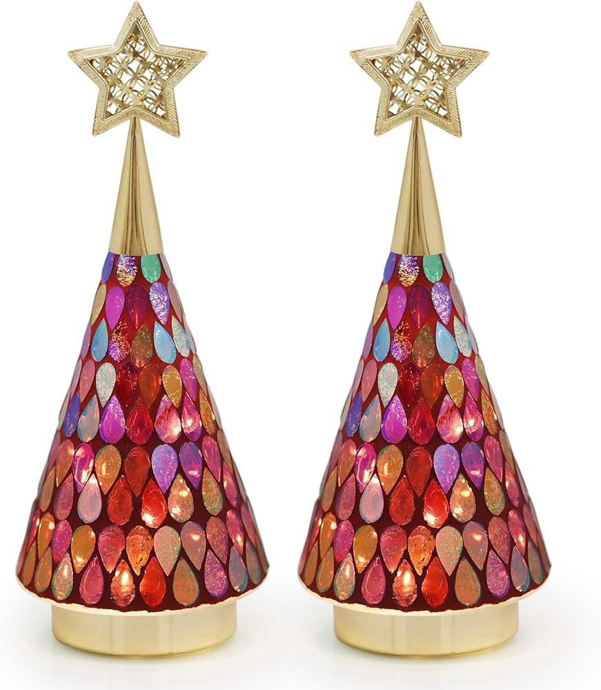 Red Tabletop Christmas Tree, 2 PCS Small Handmade Mosaic Glass Christmas Trees with Light, Batter... | Amazon (US)