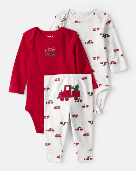 Baby Boy 3-Piece Train Print Long-Sleeve Bodysuits & Pant Set - Red/White | Carter's Inc