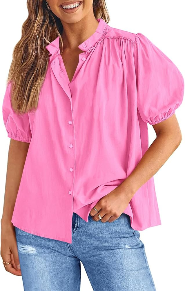 Tankaneo Womens Puff Sleeve Button Down Shirts Cotton Pleated Loose Fit Tops Summer Dressy Casual... | Amazon (US)