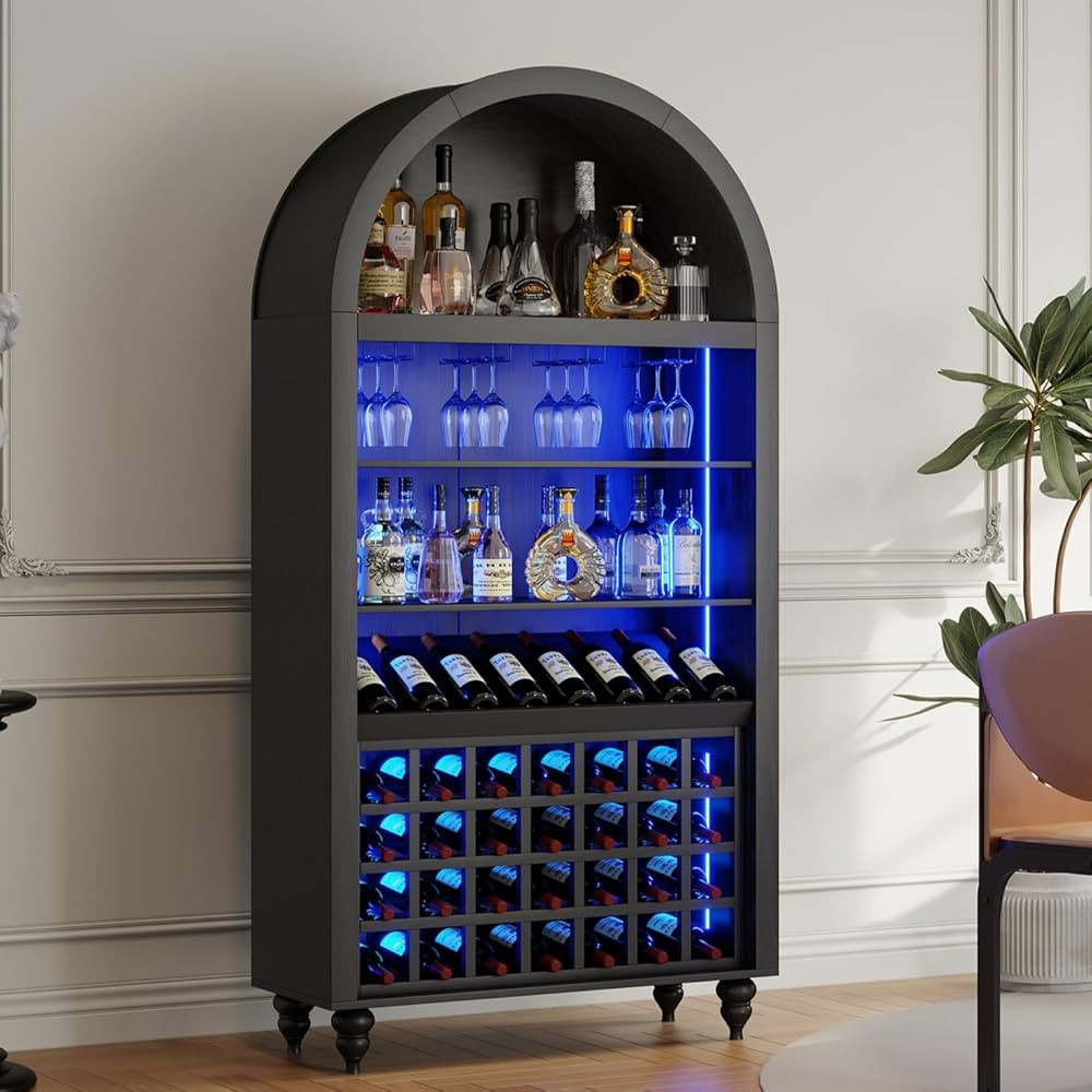 Black Arched Cabinet, 71" Tall Wine Bar Cabinet with 28 Wine Racks, 4 Glass Holders & 4 Tier Open... | Amazon (US)