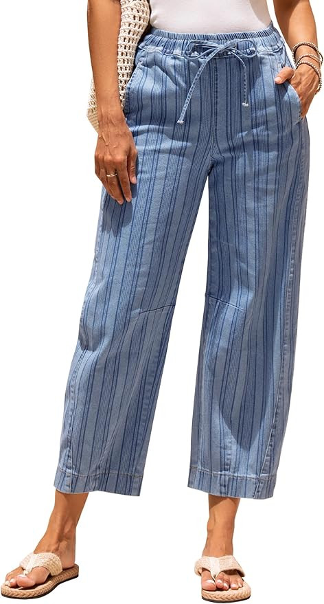 luvamia Barrel Jeans Women Trendy Striped Cropped High Waisted Pull On Elastic Waist Wide Leg Cas... | Amazon (US)