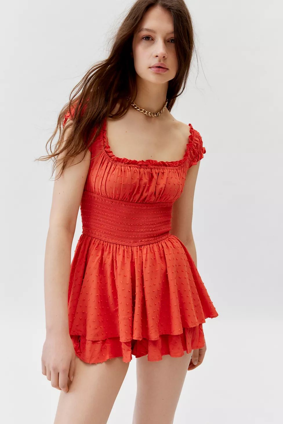UO Rosie Smocked Tiered Ruffle Romper | Urban Outfitters (US and RoW)