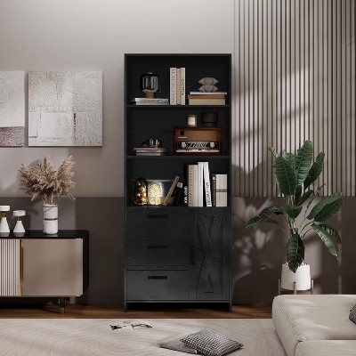 6-Tier Bookshelf with Door and 3 Drawers,Bookcase with 3-Tier Open Shelves, Book Shelf with Storage Cabinet for Home Office, Living Room | Target