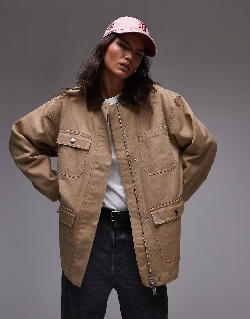 ARKET oversized padded workwear barn jacket with flap pockets and contrast collar-Neutral | ASOS (Global)