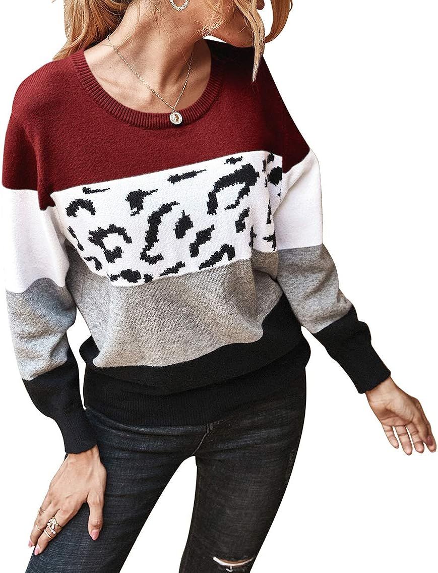 PRETTYGARDEN Women’s Casual Long Sleeve Off Shoulder Knitted Sweater Leopard Print Color Block ... | Amazon (US)
