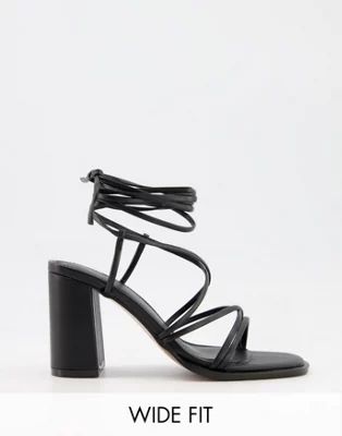 ASOS DESIGN Wide Fit Waterlily tie leg mid heeled sandals in black | ASOS (Global)